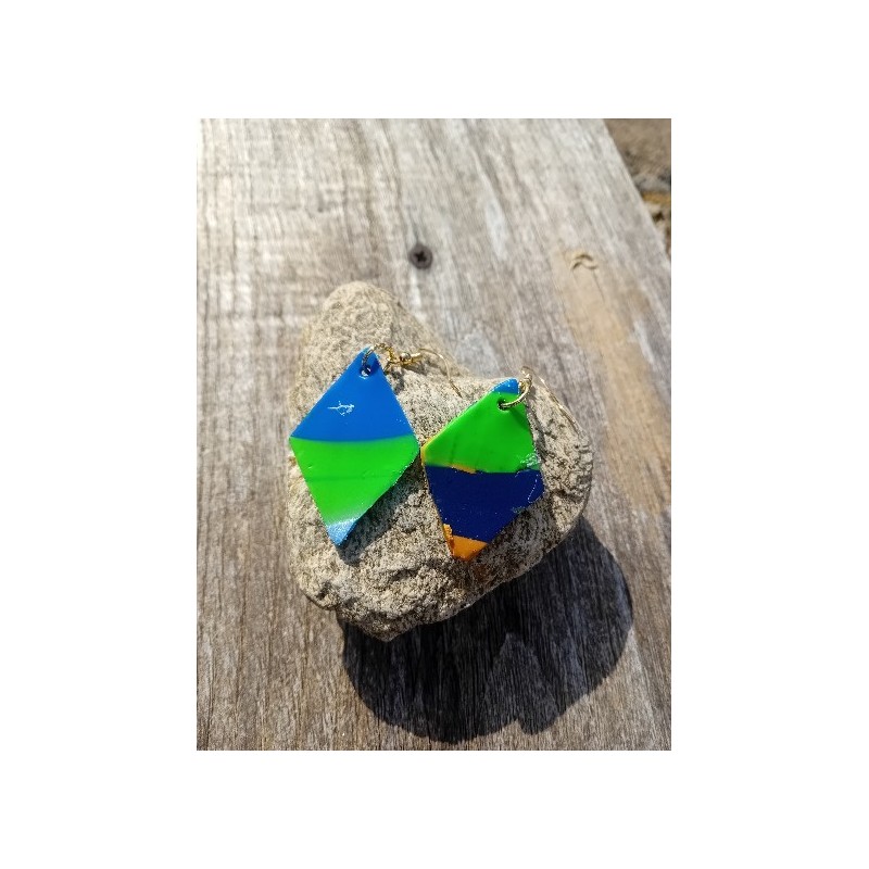 boucles d'oreille grand losange vert et bleu