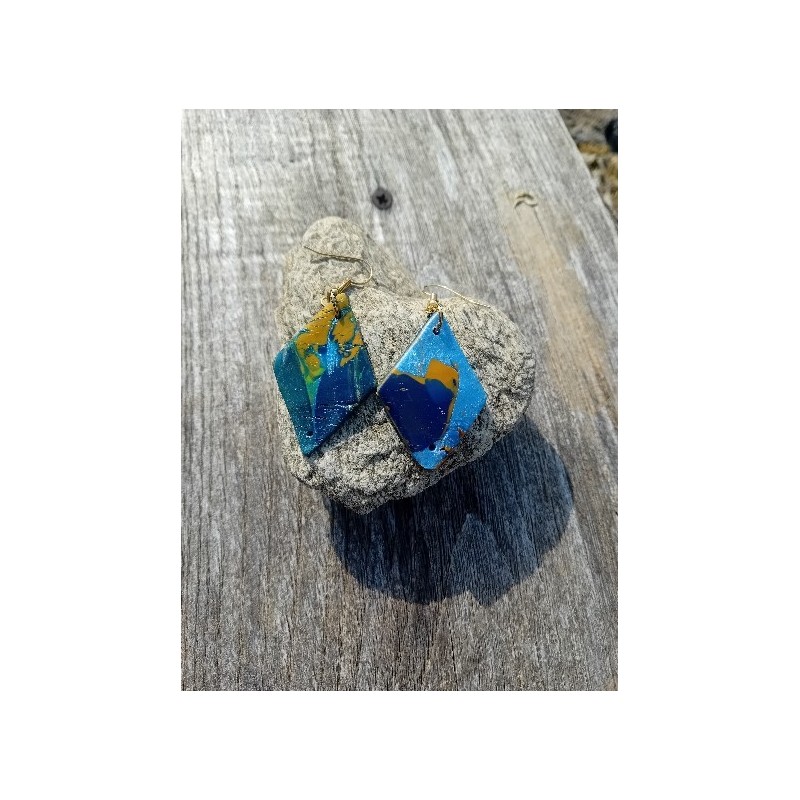 boucles d'oreille grand losange bleu et jaune